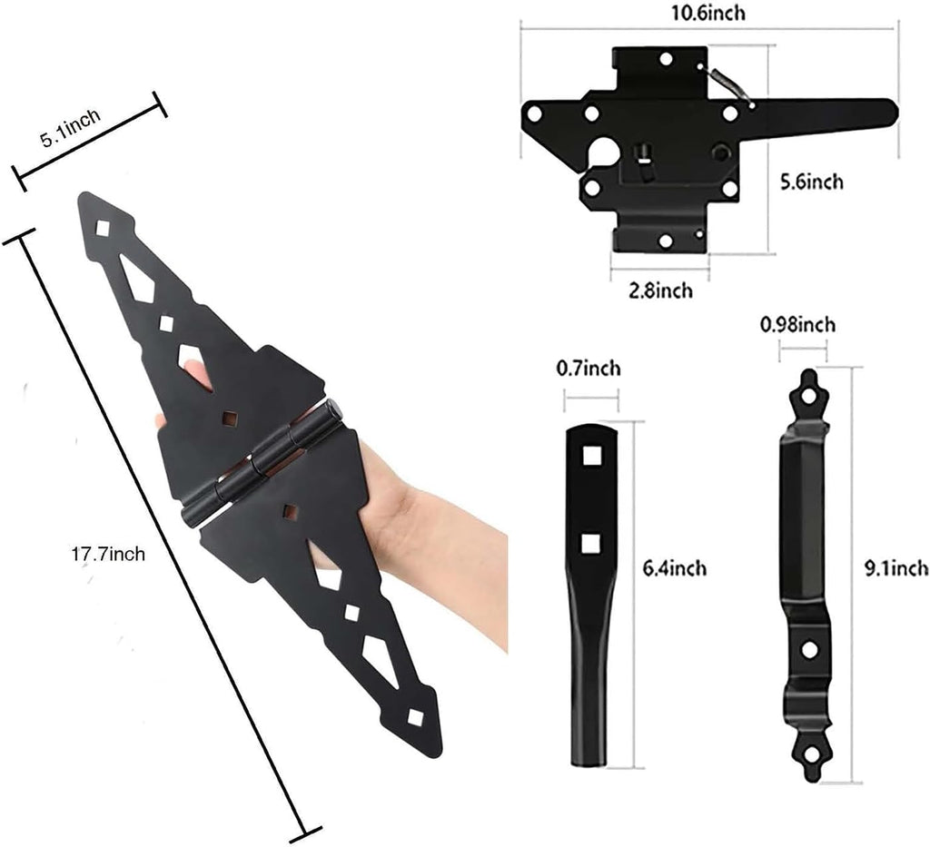 HOME MASTER HARDWARE Wood Gate Hardware Set - Heavy Duty 8" Decorative Strap Hinges and Spring Loaded Latch Kit with Screws for Outdoor Fence Swing Gate Black Finish