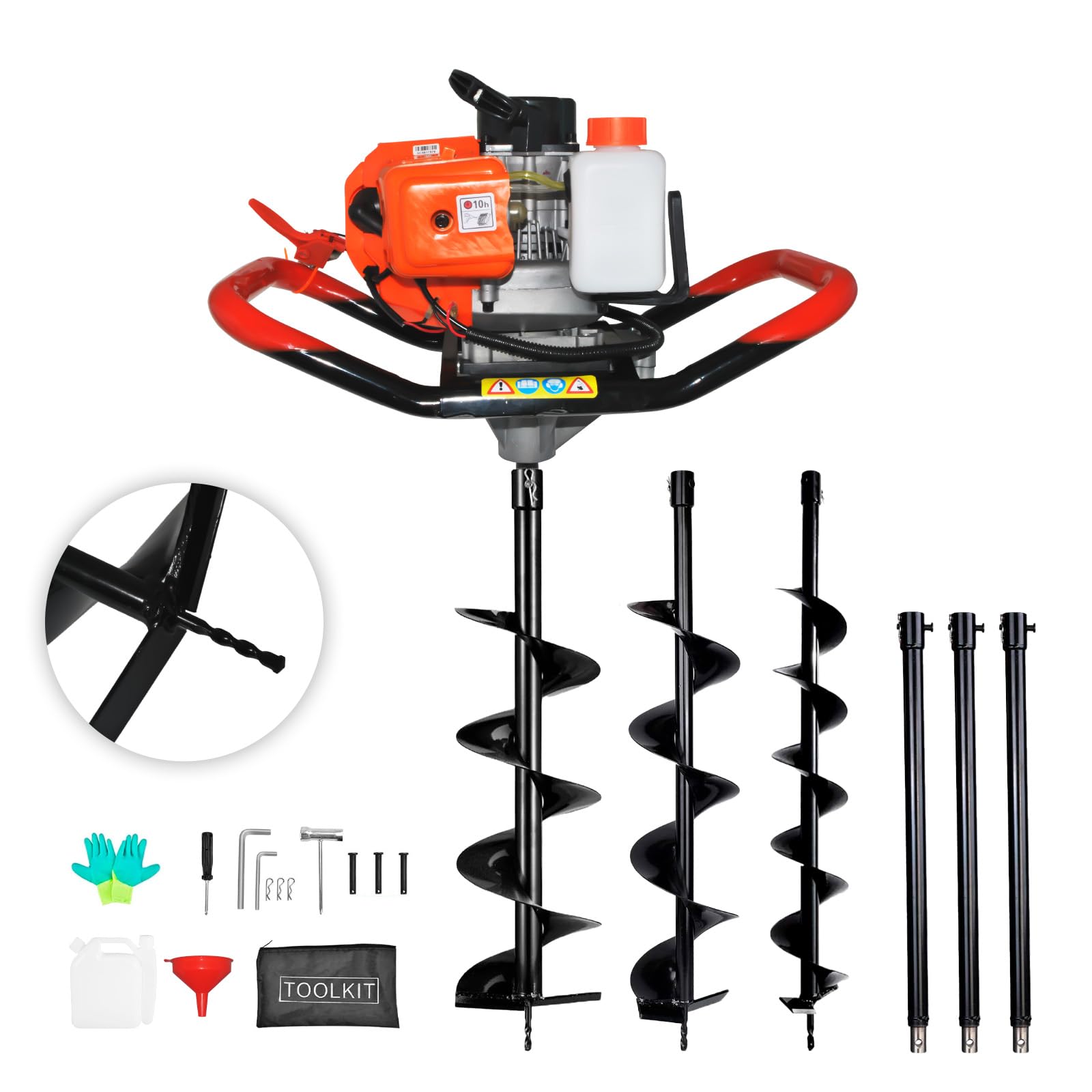 85cc 4HP Post Hole Digger Gas Powered, Gas Earth Auger/Ice Auger, with 3 Drill Bits 4"/8"/12" + 2 Extension Bar, One Man Earth Auger for Planting Fence, EPA Compliant Post Hole Auger