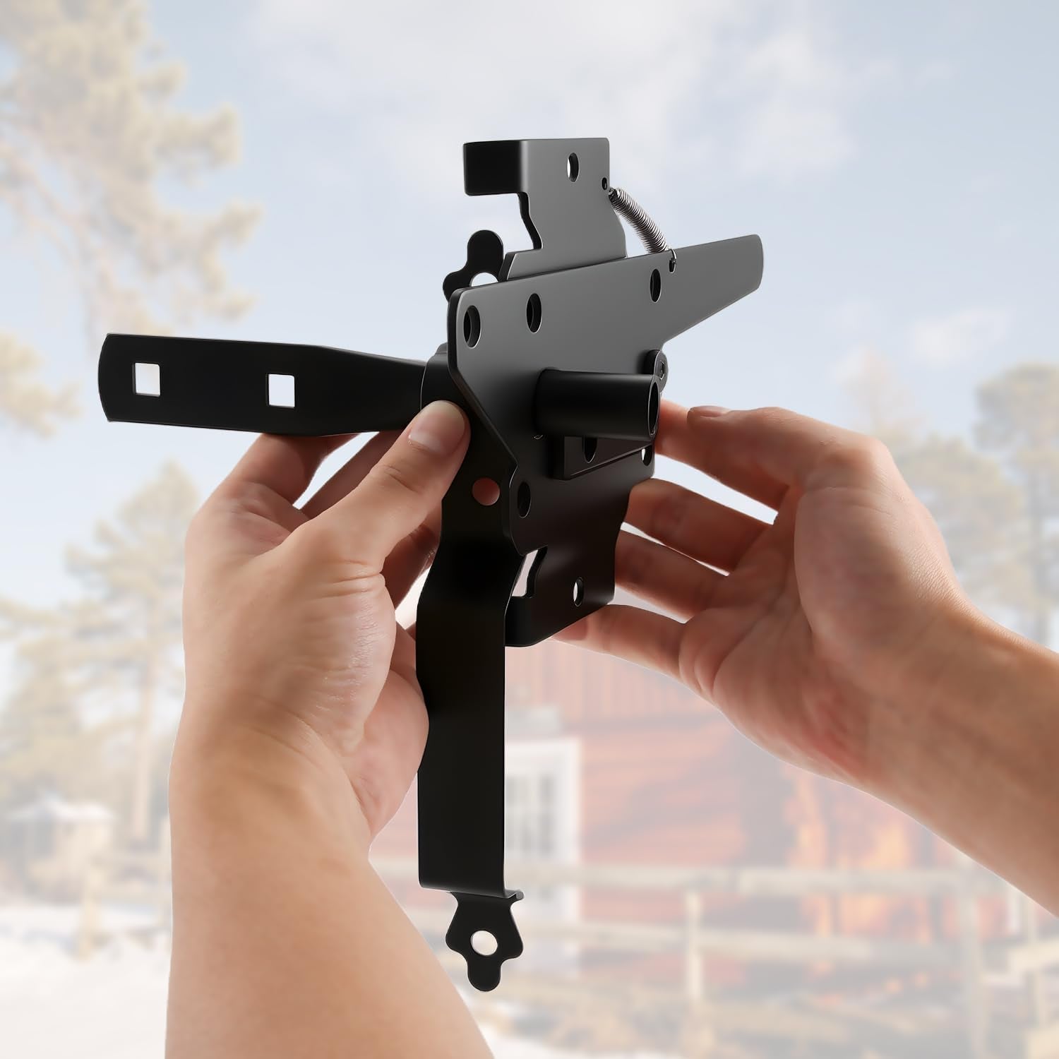 HOME MASTER HARDWARE Wood Gate Hardware Set - Heavy Duty 8" Decorative Strap Hinges and Spring Loaded Latch Kit with Screws for Outdoor Fence Swing Gate Black Finish