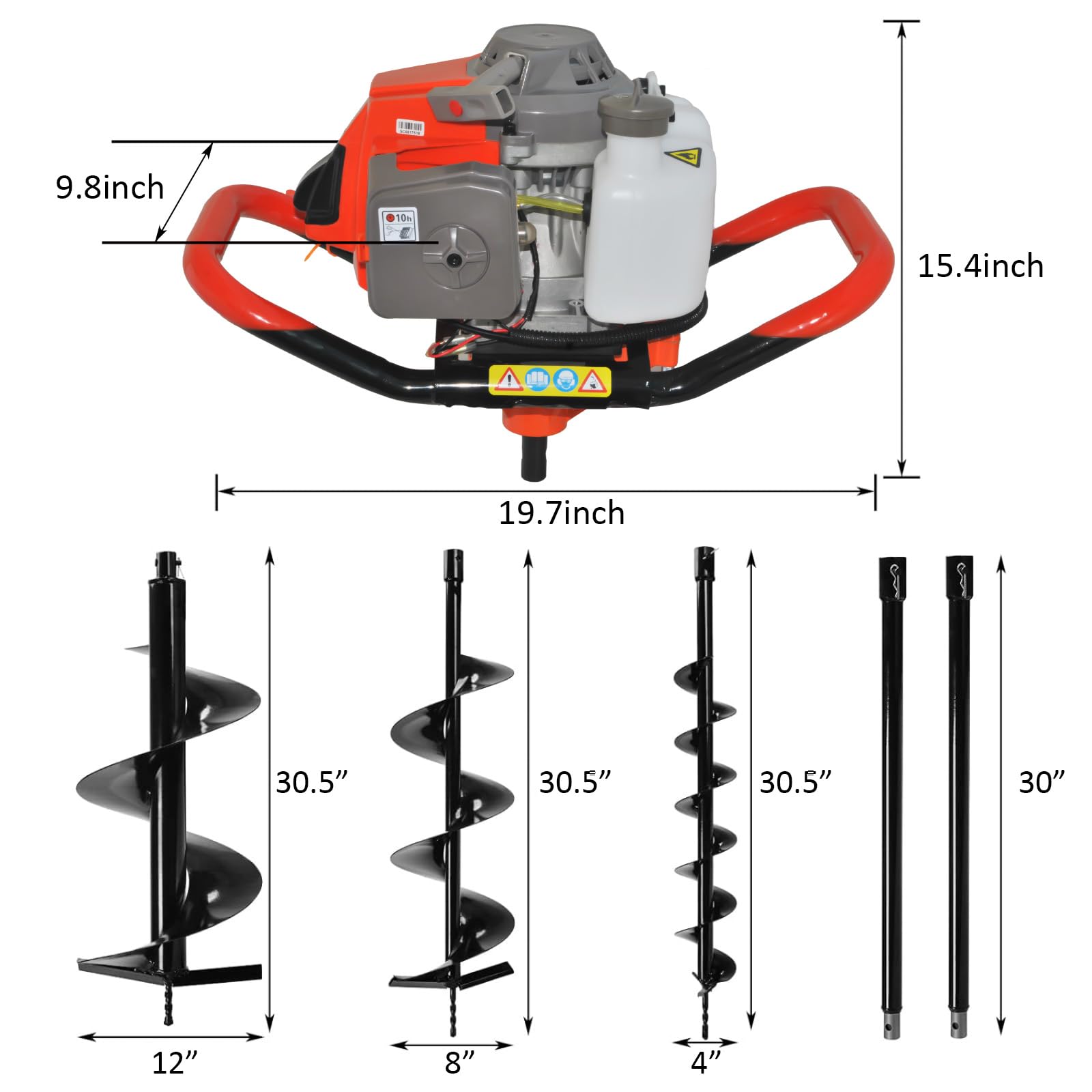 85cc 4HP Post Hole Digger Gas Powered, Gas Earth Auger/Ice Auger, with 3 Drill Bits 4"/8"/12" + 2 Extension Bar, One Man Earth Auger for Planting Fence, EPA Compliant Post Hole Auger