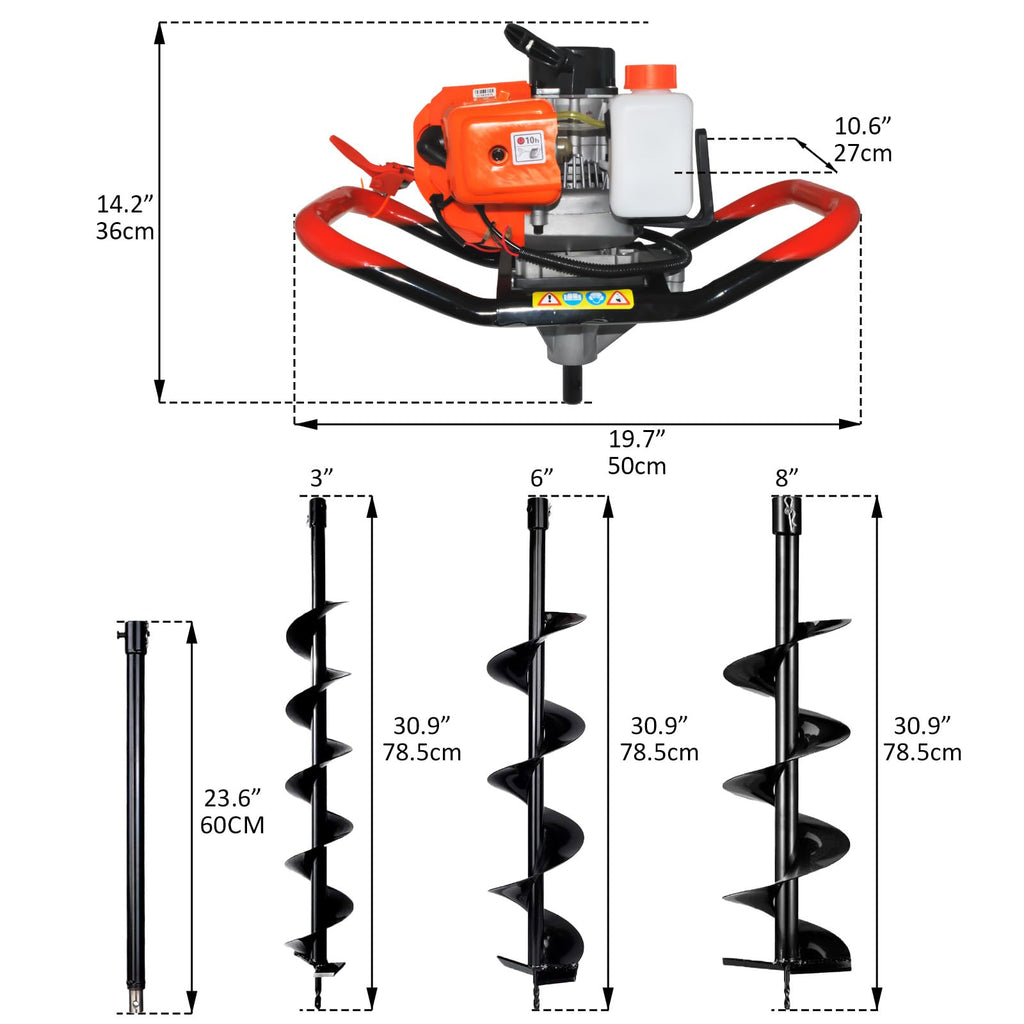 85cc 4HP Post Hole Digger Gas Powered, Gas Earth Auger/Ice Auger, with 3 Drill Bits 4"/8"/12" + 2 Extension Bar, One Man Earth Auger for Planting Fence, EPA Compliant Post Hole Auger