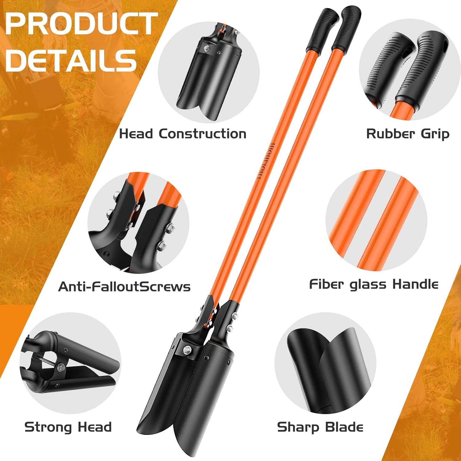 Post Hole Digger, Heavy Duty Post Hole Digger with Fiberglass Handle, Carbon Steel Blades, Manual Hole Digger, with Anti-Slip Handle for Digging Gardening Outdoors, 58-Inch, Orange & Black