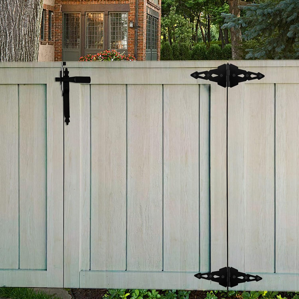 HOME MASTER HARDWARE Wood Gate Hardware Set - Heavy Duty 8" Decorative Strap Hinges and Spring Loaded Latch Kit with Screws for Outdoor Fence Swing Gate Black Finish