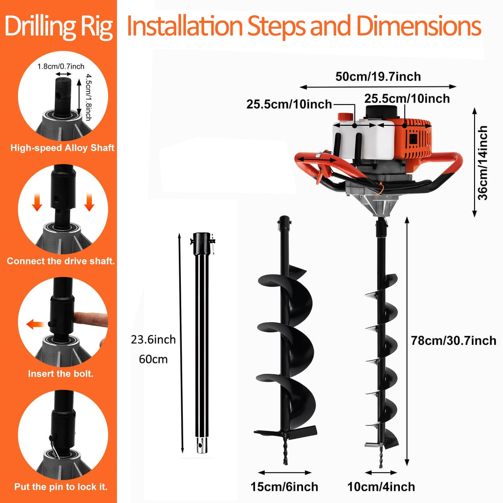 85cc 4HP Post Hole Digger Gas Powered, Gas Earth Auger/Ice Auger, with 3 Drill Bits 4"/8"/12" + 2 Extension Bar, One Man Earth Auger for Planting Fence, EPA Compliant Post Hole Auger