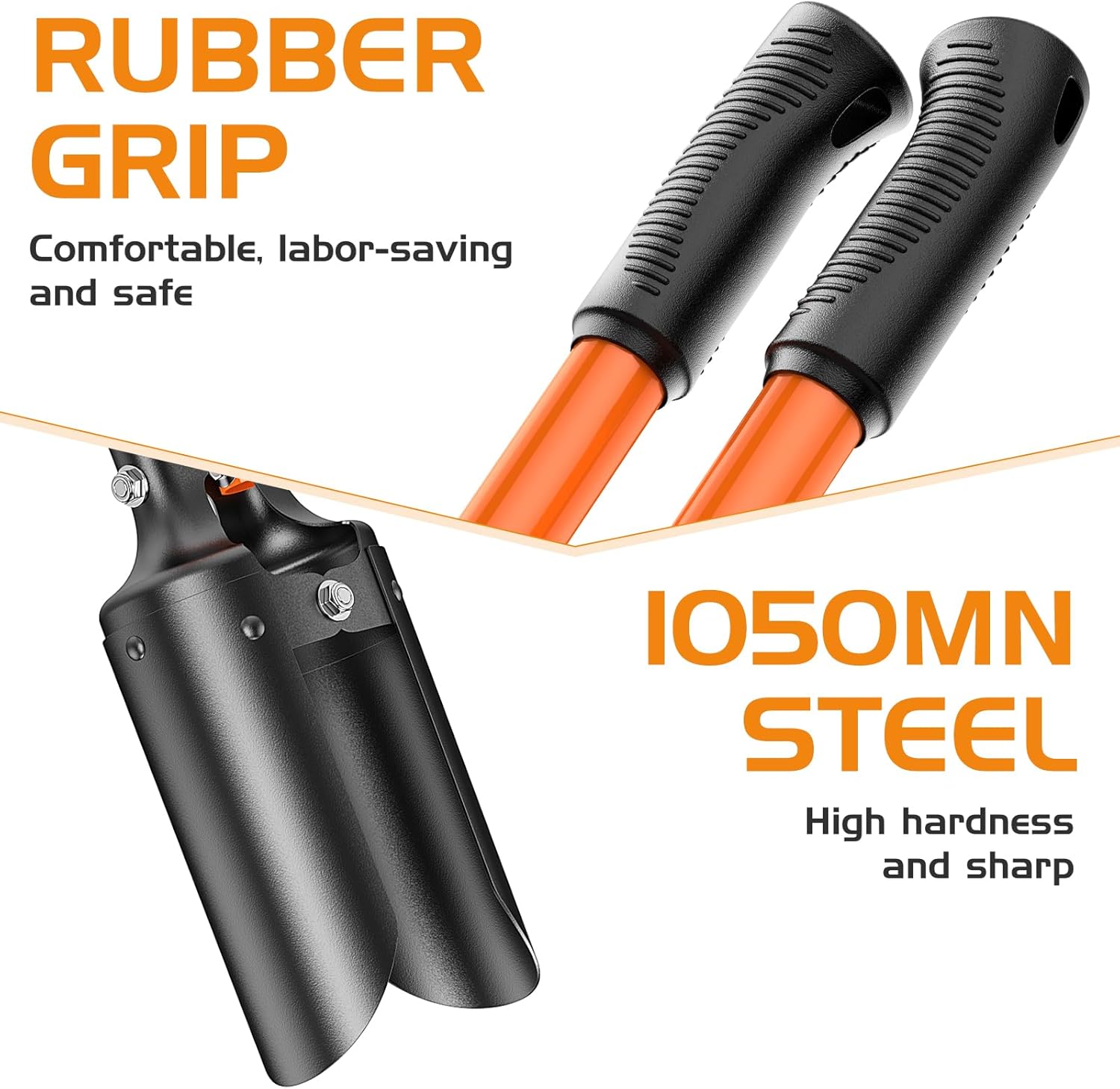 Post Hole Digger, Heavy Duty Post Hole Digger with Fiberglass Handle, Carbon Steel Blades, Manual Hole Digger, with Anti-Slip Handle for Digging Gardening Outdoors, 58-Inch, Orange & Black