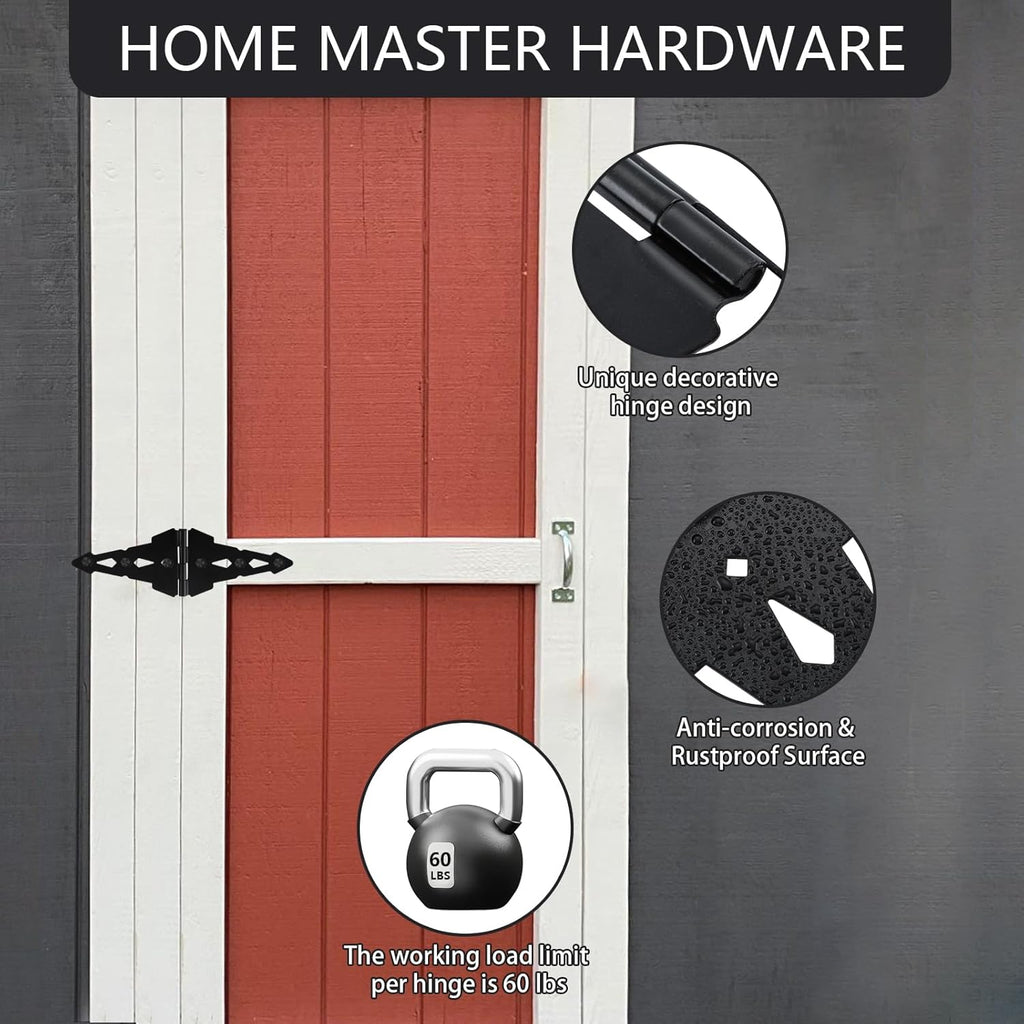 HOME MASTER HARDWARE Wood Gate Hardware Set - Heavy Duty 8" Decorative Strap Hinges and Spring Loaded Latch Kit with Screws for Outdoor Fence Swing Gate Black Finish