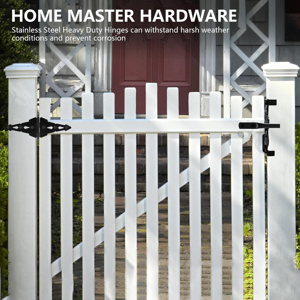 HOME MASTER HARDWARE Wood Gate Hardware Set - Heavy Duty 8" Decorative Strap Hinges and Spring Loaded Latch Kit with Screws for Outdoor Fence Swing Gate Black Finish