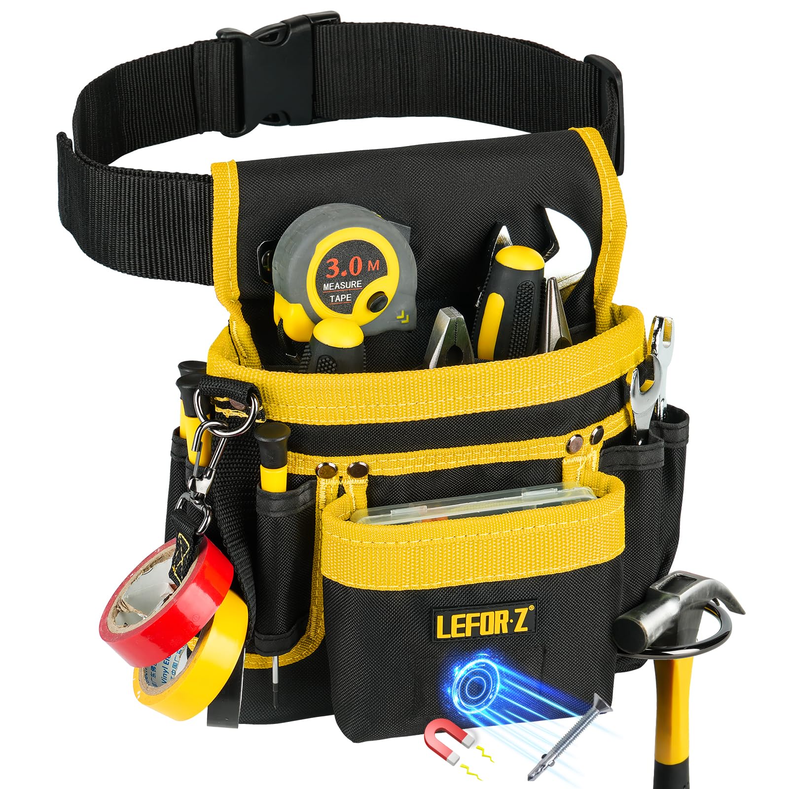 Tool Belt,Magnetic Tool Pouch,14-Pockets Tool Belts for Men,Detachable & Adjustable Tool Pouch belt for Electrician,Carpenter,Construction,Work Apron,Utility Belt,Black-Brown