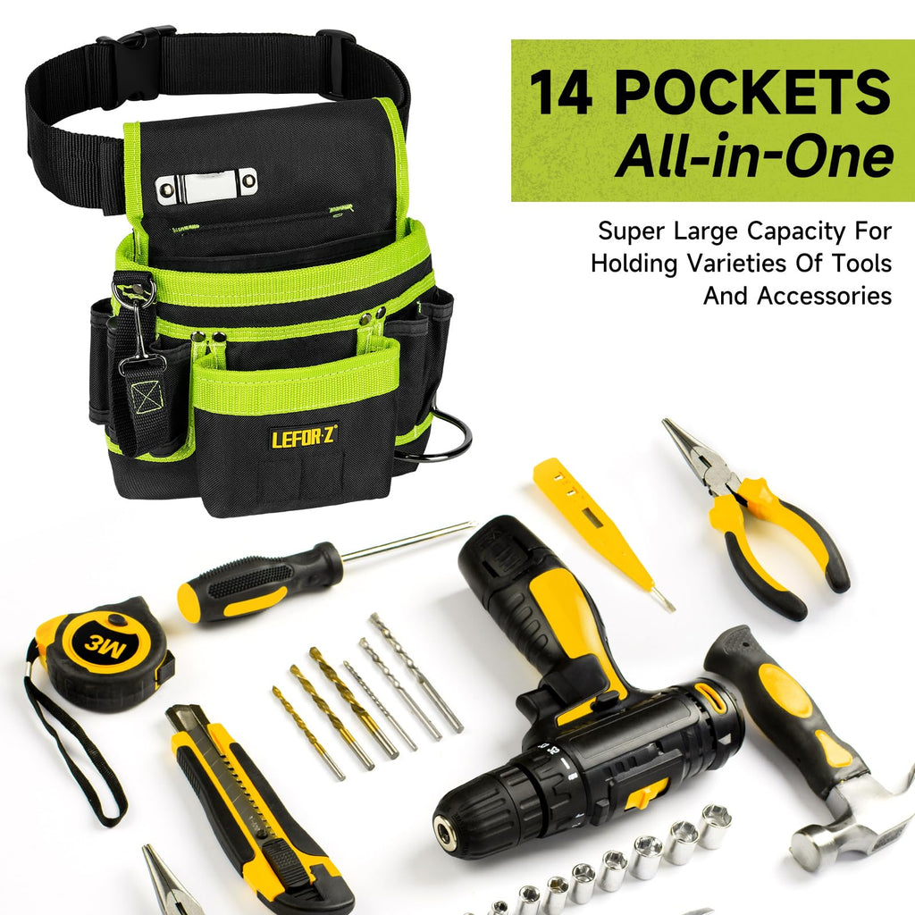 Tool Belt,Magnetic Tool Pouch,14-Pockets Tool Belts for Men,Detachable & Adjustable Tool Pouch belt for Electrician,Carpenter,Construction,Work Apron,Utility Belt,Black-Brown