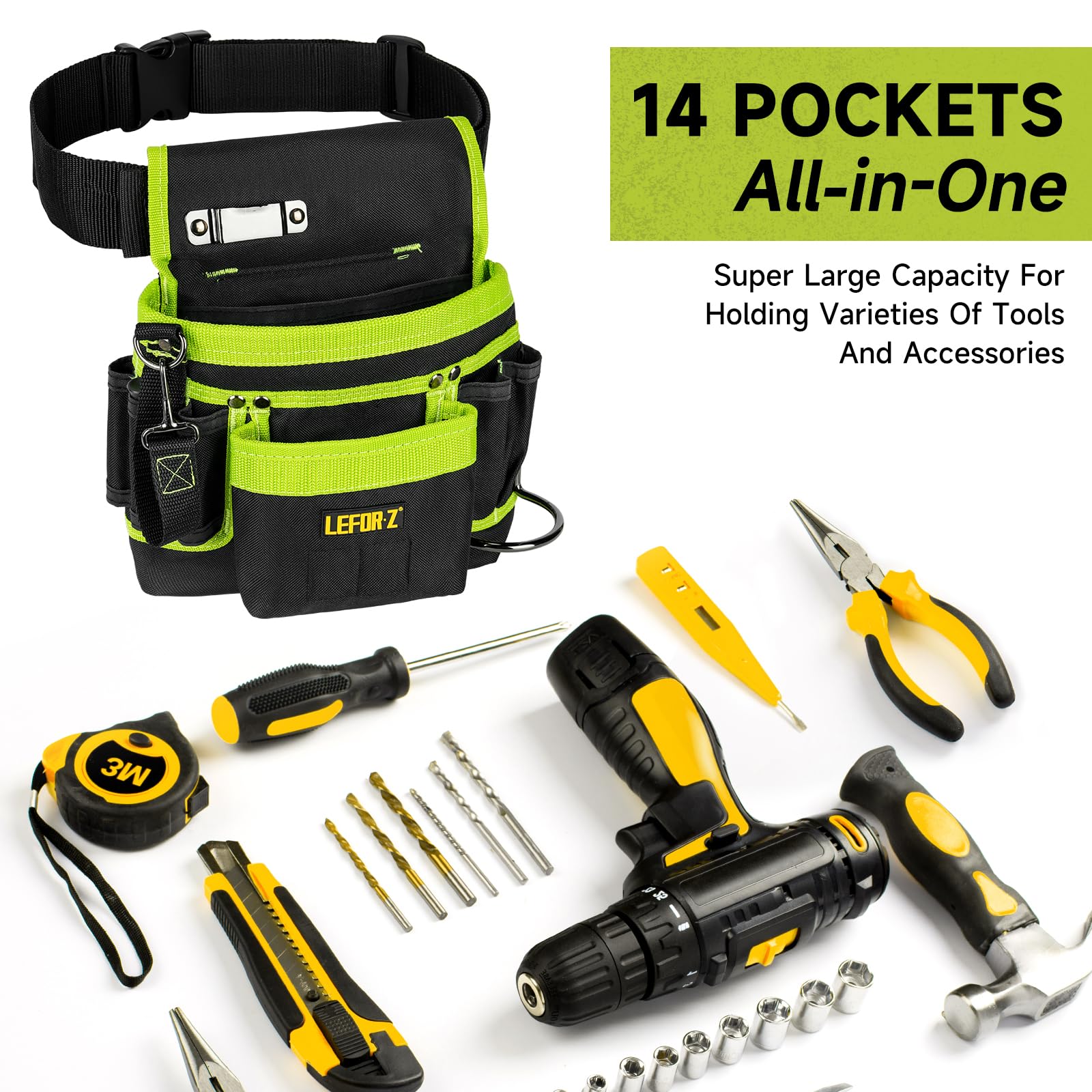 Tool Belt,Magnetic Tool Pouch,14-Pockets Tool Belts for Men,Detachable & Adjustable Tool Pouch belt for Electrician,Carpenter,Construction,Work Apron,Utility Belt,Black-Brown