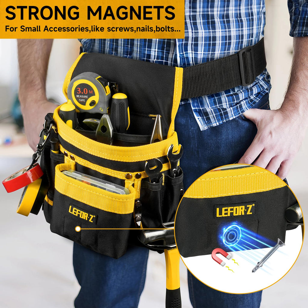 Tool Belt,Magnetic Tool Pouch,14-Pockets Tool Belts for Men,Detachable & Adjustable Tool Pouch belt for Electrician,Carpenter,Construction,Work Apron,Utility Belt,Black-Brown