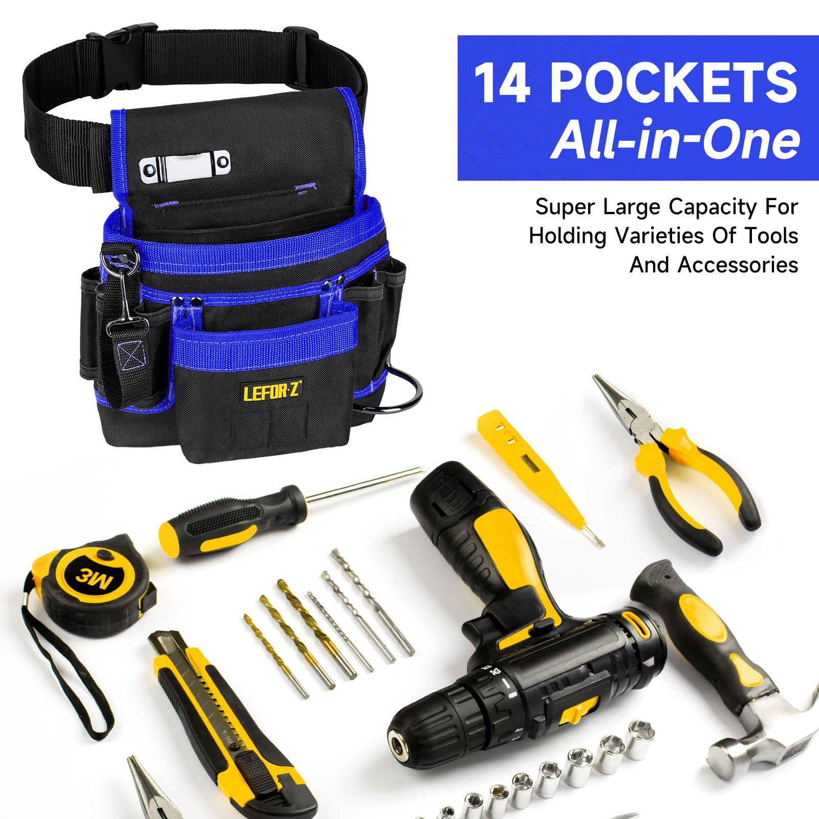 Tool Belt,Magnetic Tool Pouch,14-Pockets Tool Belts for Men,Detachable & Adjustable Tool Pouch belt for Electrician,Carpenter,Construction,Work Apron,Utility Belt,Black-Brown