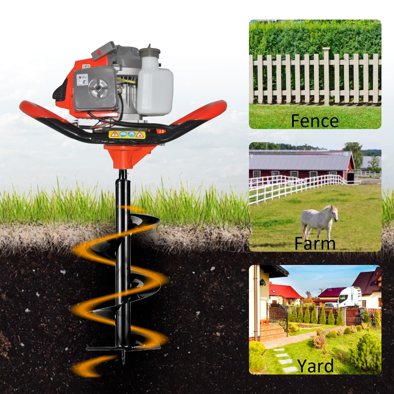 85cc 4HP Post Hole Digger Gas Powered, Gas Earth Auger/Ice Auger, with 3 Drill Bits 4"/8"/12" + 2 Extension Bar, One Man Earth Auger for Planting Fence, EPA Compliant Post Hole Auger