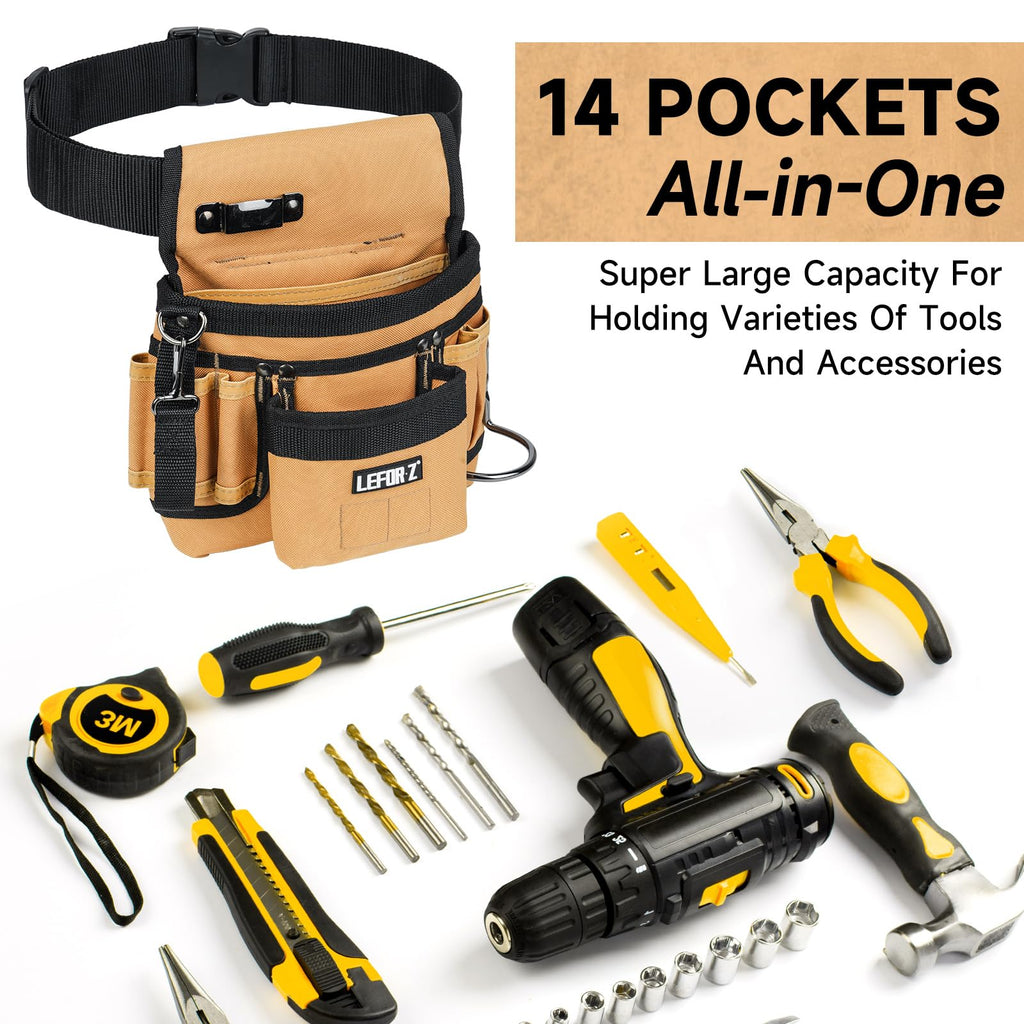 Tool Belt,Magnetic Tool Pouch,14-Pockets Tool Belts for Men,Detachable & Adjustable Tool Pouch belt for Electrician,Carpenter,Construction,Work Apron,Utility Belt,Black-Brown