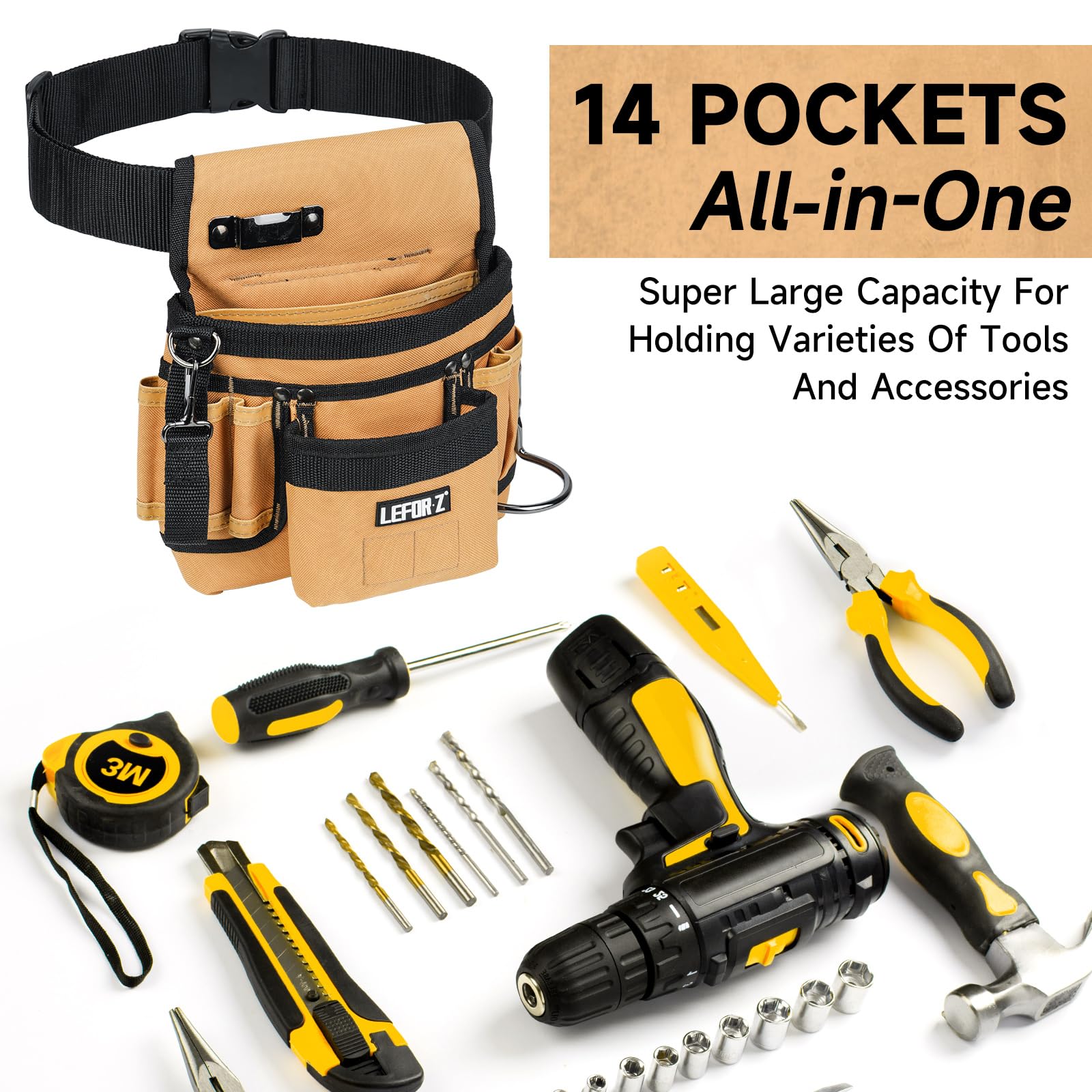 Tool Belt,Magnetic Tool Pouch,14-Pockets Tool Belts for Men,Detachable & Adjustable Tool Pouch belt for Electrician,Carpenter,Construction,Work Apron,Utility Belt,Black-Brown