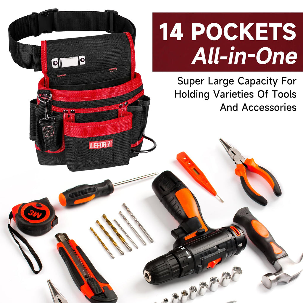 Tool Belt,Magnetic Tool Pouch,14-Pockets Tool Belts for Men,Detachable & Adjustable Tool Pouch belt for Electrician,Carpenter,Construction,Work Apron,Utility Belt,Black-Brown