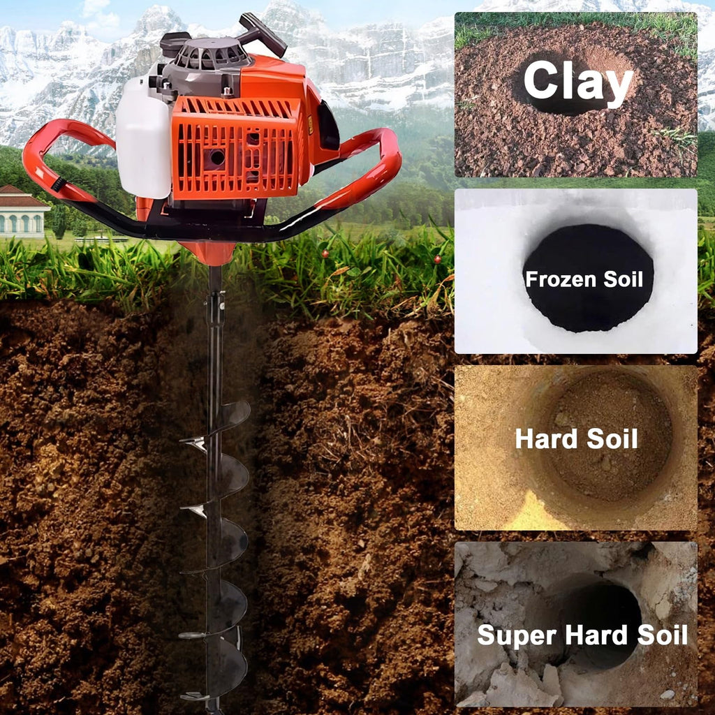 85cc 4HP Post Hole Digger Gas Powered, Gas Earth Auger/Ice Auger, with 3 Drill Bits 4"/8"/12" + 2 Extension Bar, One Man Earth Auger for Planting Fence, EPA Compliant Post Hole Auger