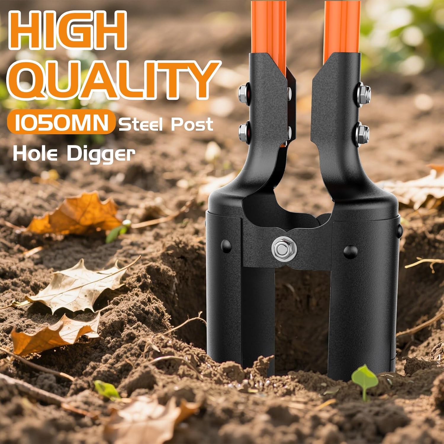 Post Hole Digger, Heavy Duty Post Hole Digger with Fiberglass Handle, Carbon Steel Blades, Manual Hole Digger, with Anti-Slip Handle for Digging Gardening Outdoors, 58-Inch, Orange & Black
