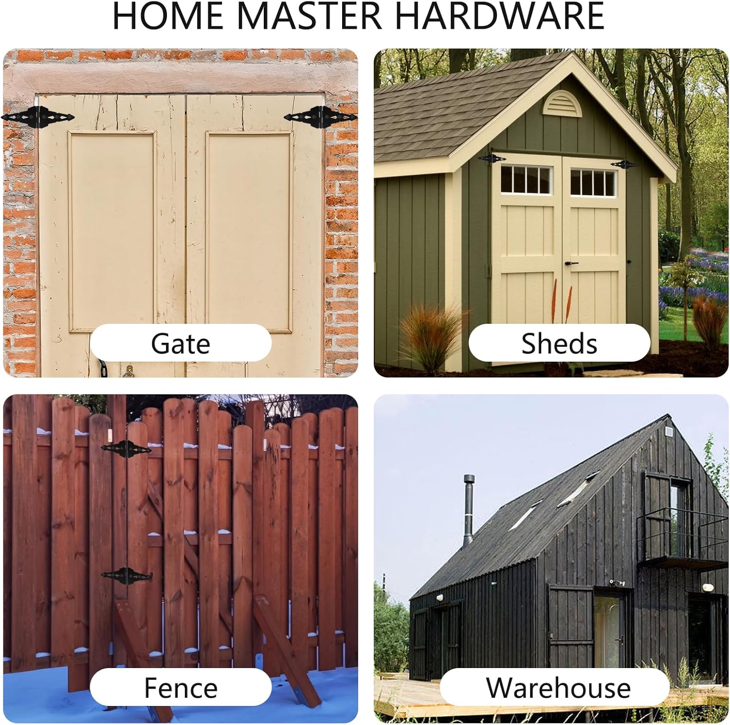 HOME MASTER HARDWARE Wood Gate Hardware Set - Heavy Duty 8" Decorative Strap Hinges and Spring Loaded Latch Kit with Screws for Outdoor Fence Swing Gate Black Finish