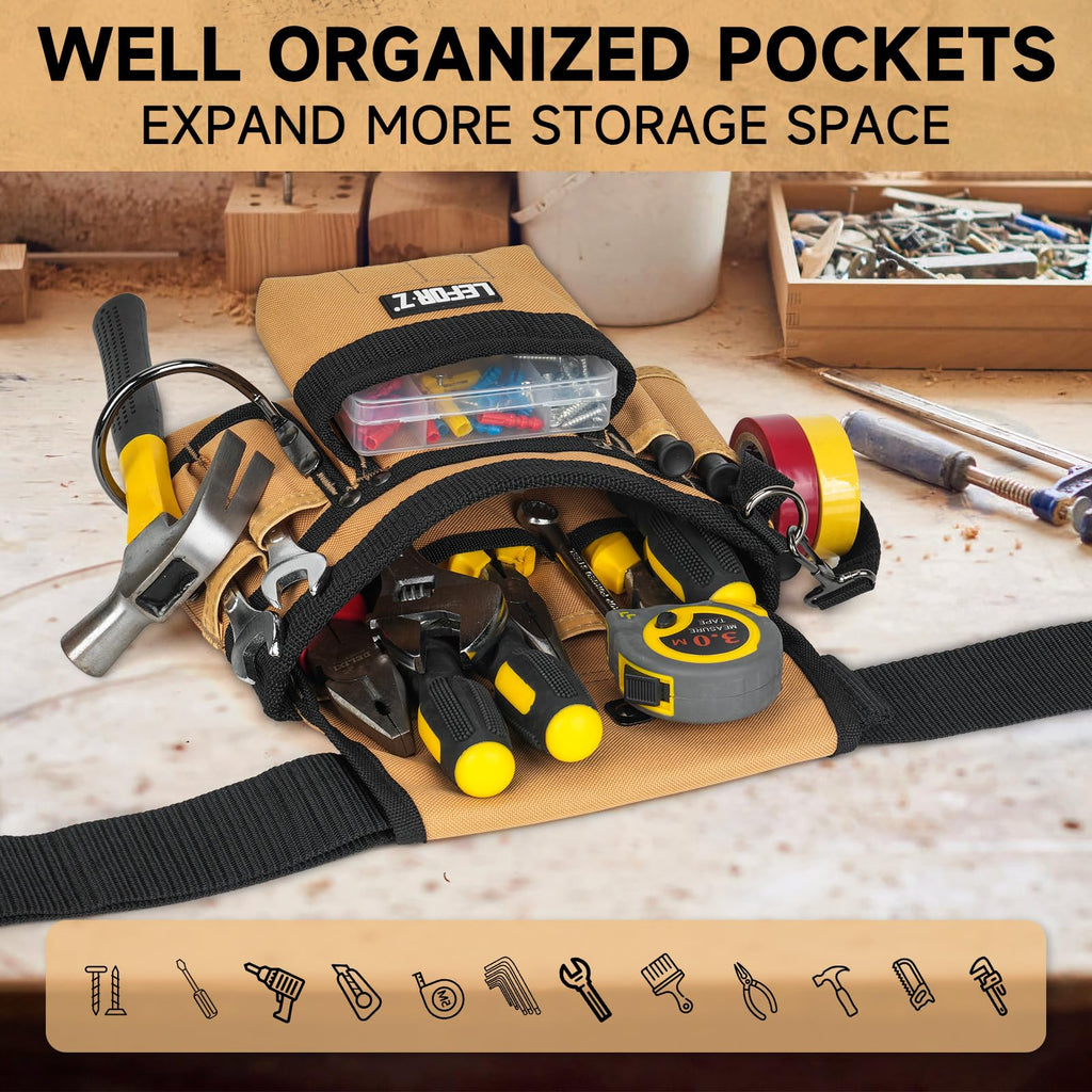 Tool Belt,Magnetic Tool Pouch,14-Pockets Tool Belts for Men,Detachable & Adjustable Tool Pouch belt for Electrician,Carpenter,Construction,Work Apron,Utility Belt,Black-Brown