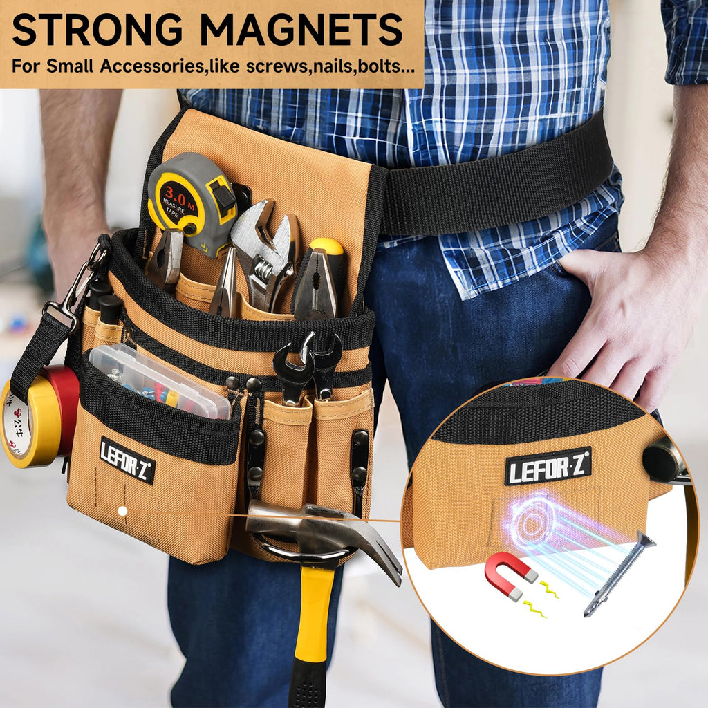 Tool Belt,Magnetic Tool Pouch,14-Pockets Tool Belts for Men,Detachable & Adjustable Tool Pouch belt for Electrician,Carpenter,Construction,Work Apron,Utility Belt,Black-Brown