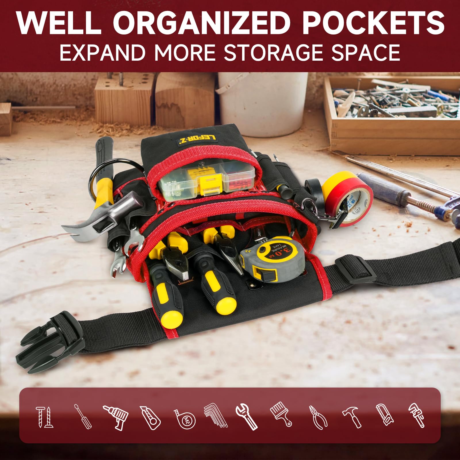 Tool Belt,Magnetic Tool Pouch,14-Pockets Tool Belts for Men,Detachable & Adjustable Tool Pouch belt for Electrician,Carpenter,Construction,Work Apron,Utility Belt,Black-Brown