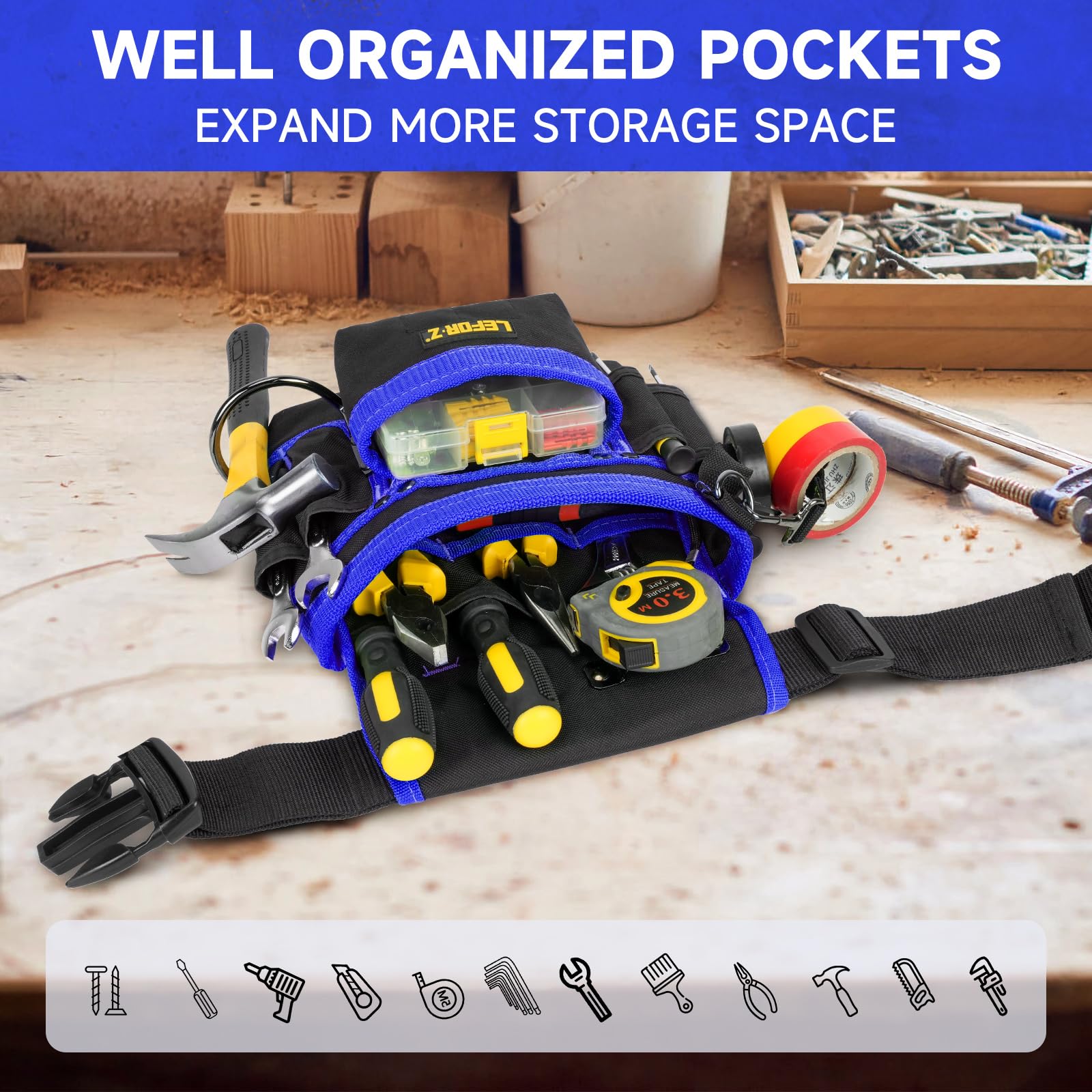 Tool Belt,Magnetic Tool Pouch,14-Pockets Tool Belts for Men,Detachable & Adjustable Tool Pouch belt for Electrician,Carpenter,Construction,Work Apron,Utility Belt,Black-Brown