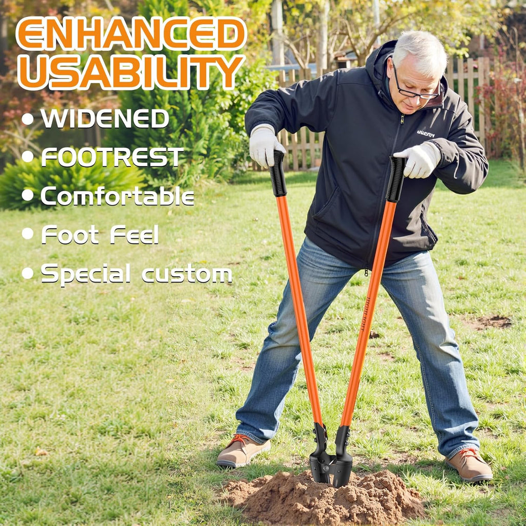 Post Hole Digger, Heavy Duty Post Hole Digger with Fiberglass Handle, Carbon Steel Blades, Manual Hole Digger, with Anti-Slip Handle for Digging Gardening Outdoors, 58-Inch, Orange & Black